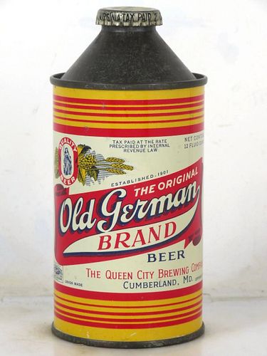 1947 Old German Brand Beer 12oz 176-16 High Profile Cone Top Maryland Cumberland