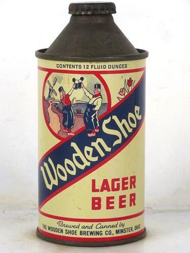1939 Wooden Shoe Lager Beer 12oz 189-18v1 High Profile Cone Top Ohio Minster