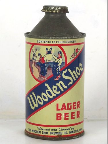 1939 Wooden Shoe Lager Beer 12oz 189-18v2 High Profile Cone Top Ohio Minster