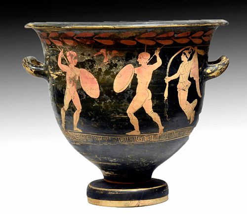 Etruscan Overpainted Red Figure Bell Krater w/ Hoplites
