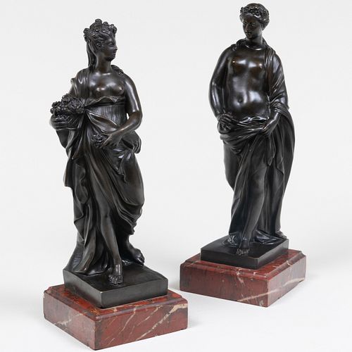 Two Bronze Classically Clad Maidens on Marble Bases