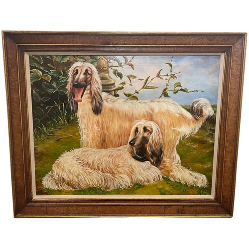  PORTRAIT OF TWO AFGHAN HOUND DOGS OIL PAINTING
