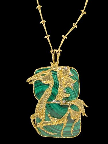 Signed G. Weil 18 kt Yellow Gold and Malachite Horse Necklace from the Surreal Collection