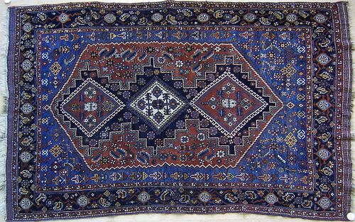 Afshar throw rug, ca. 1910, with 3 medallions anda