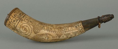American engraved powder horn, inscribed "Isaiah T