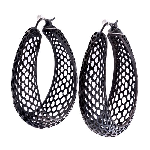 Pair of Oxidized Silver Hoop Earrings, "Snakeskin," Rachel Atherley