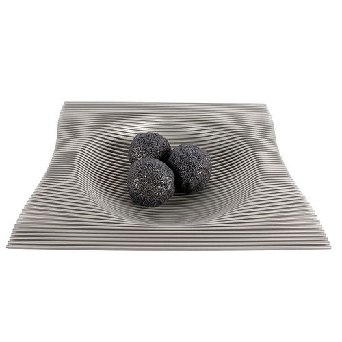 Contemporary Ripple Fold Metal Bowl and Three Faux Meteorites