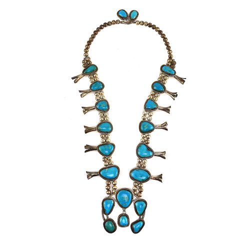 Navajo - Turquoise and Silver Squash Blossom Necklace c. 1960-70s,28" length (J16047-001)