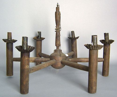 Tin and wood 6-arm chandelier, 20th c., made from9
