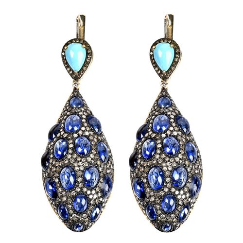 Sapphire, Diamond and Turquoise Earrings