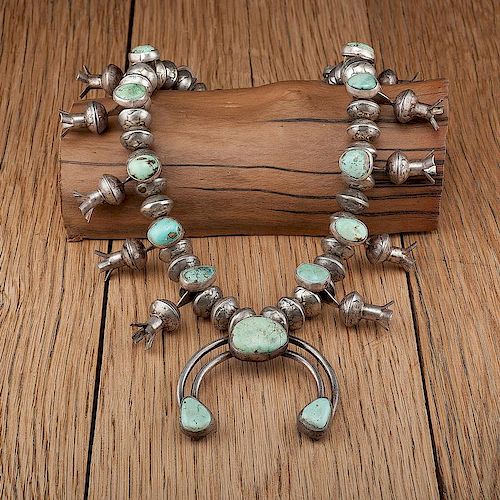 Navajo Turquoise and Mercury Dime Squash Blossom Necklace