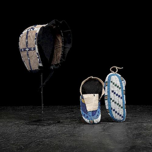 Sioux Child's Fully Beaded Hide Moccasins and Bonnet