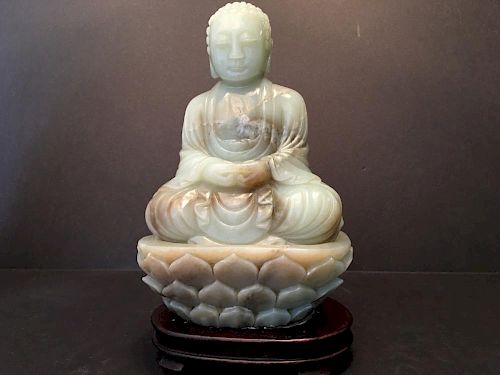 ANTIQUE Chinese Celadon White Jade Guanyin Seating on Lotus Flower, 19th Century. 8" x 5" x 3 1/2" wide