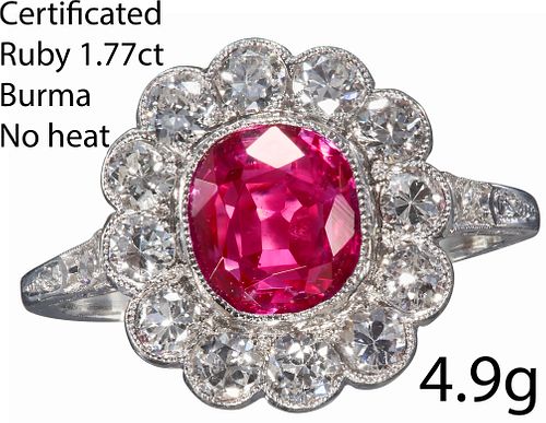 IMPRESSIVE CERTIFICATED BURMA RUBY AND DIAMOND CLUSTER RING