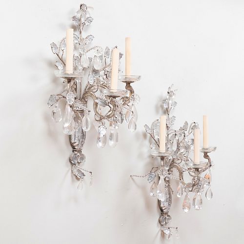 Pair of Bagues Style Beaded and Cut-Glass Three-Light Sconces