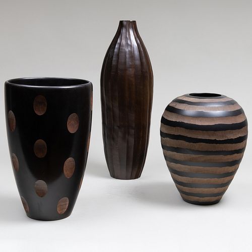 Group of Three Carved Wood Vases