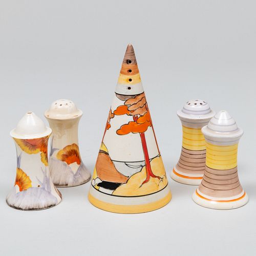 Clarice Cliff Pottery Conical Caster and Two Pairs of Salt and Pepper Casters