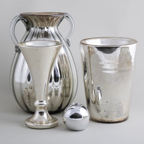 Three Mercury Glass Vases and a Set of Eight Spherical Candleholders 