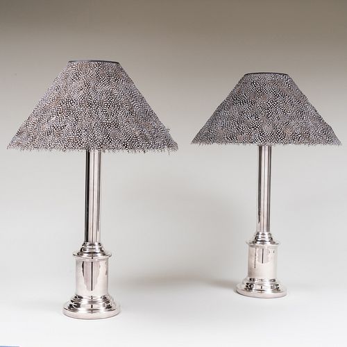 Pair of Chrome Lamps with Feather Shades