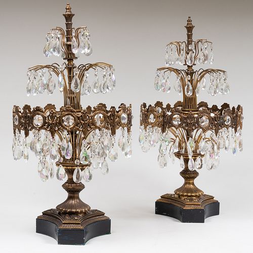 Pair of Gilt-Metal & Glass Luster Eight-Light Candelabra Lamps