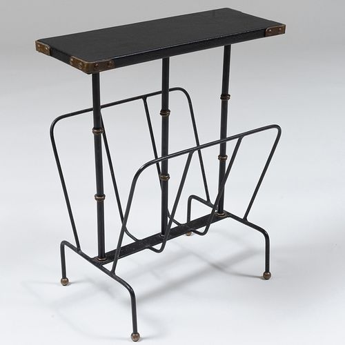 Black Painted Metal, Brass and Leather Mounted Magazine Rack in the Manner of Jacques Adnet