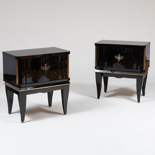 Pair of Art Deco Brass Mounted Black Glass Veneered Bedside Cupboards