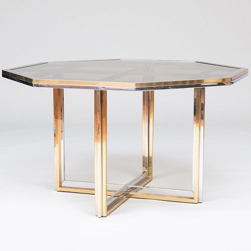 Romeo Rega Style Brass and Chrome Mounted Smoked Glass Octagonal Table