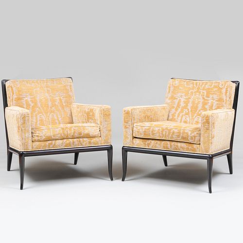 Pair of T.H. Robsjohn-Gibbings for Widdicomb Ebonized and Upholstered Armchairs
