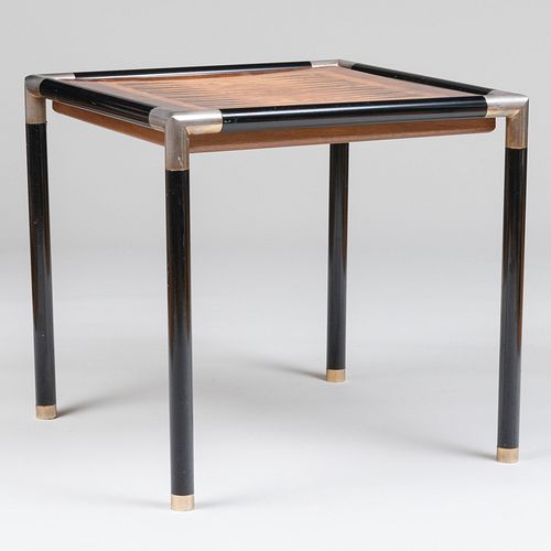 Modern French Black Enameled Metal and Burl Walnut Inlaid Games Table