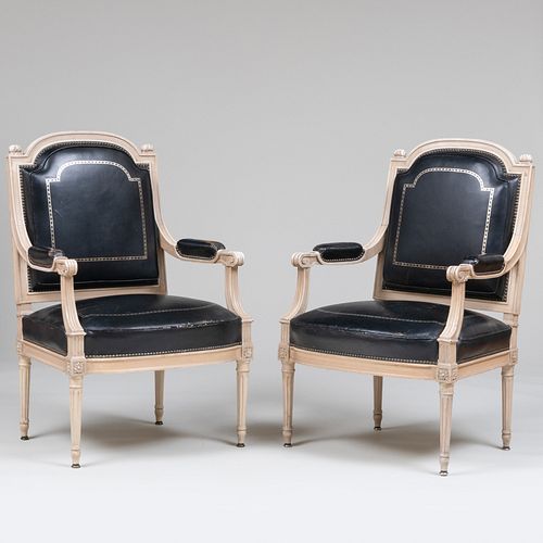 Pair of Louis XVI Style Painted Armchairs with Black Leather and Silver Tooled Upholstery