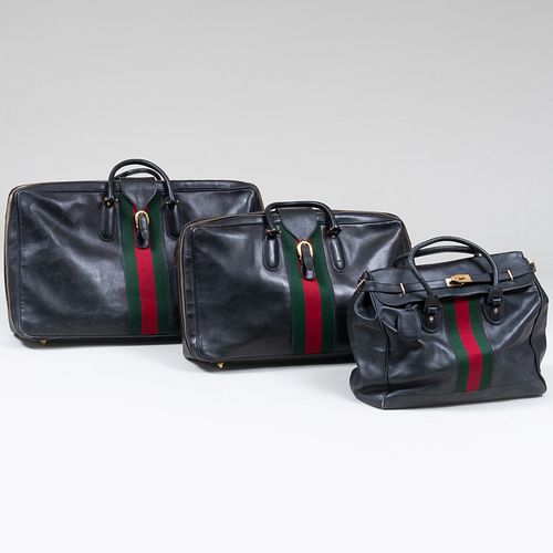 Suite of Three Gucci Black Leather Luggage