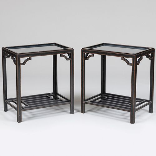 Pair of Chinese Inspired Black and Gold Painted Metal Side Tables