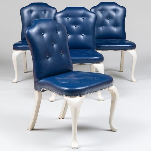 Set of Four Contemporary White Painted Wood and Tufted Blue Leather Side Chairs