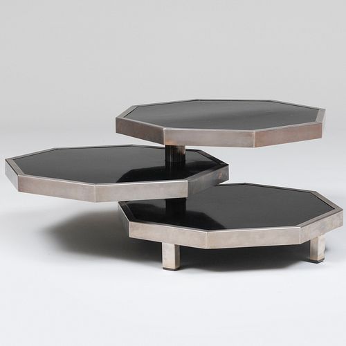 Modern Stainless Steel and Black Laminate Three Tier Low Table