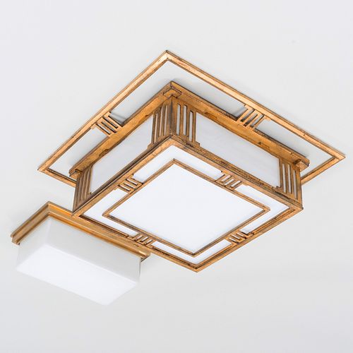 Gilt-Metal and Glass Square Ceiling Light and a Smaller Gilt-Metal-Mounted Rectangular Ceiling Light