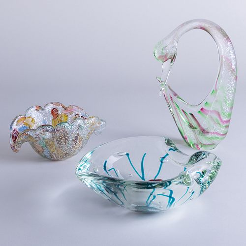 Two Italian Glass Bowls and an Italian Glass Model of a Bird