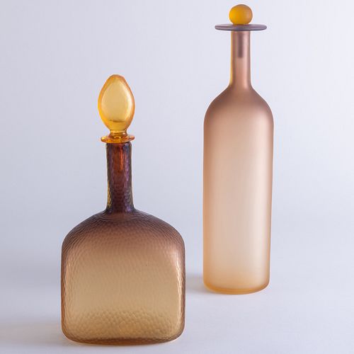 Two Amber Glass Decanters and Stoppers