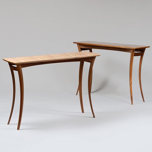 Two Robert Lippoth Studio Koa Satinwood Parquetry 'Gazelle' Console Tables