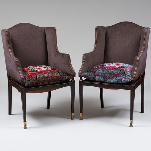 Pair of Jugendstil Style Bronze-Mounted Stained Wood and Upholstered Wing Armchairs