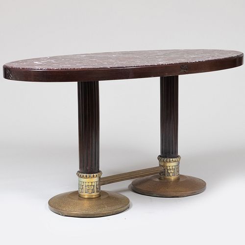 Art Deco Brass, Marble and Oak Oval Center Table 
