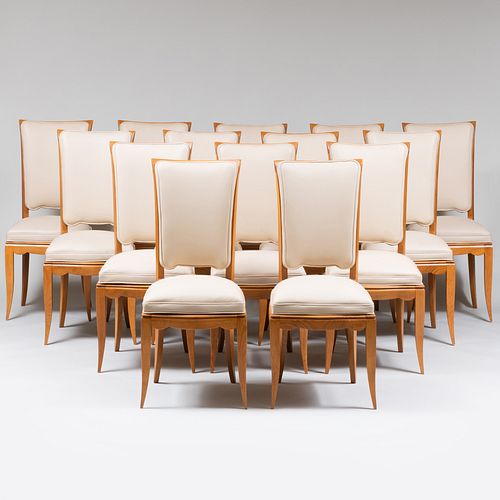 Fourteen Art Moderne Style Fruitwood and Leather Upholstered Dining Chairs