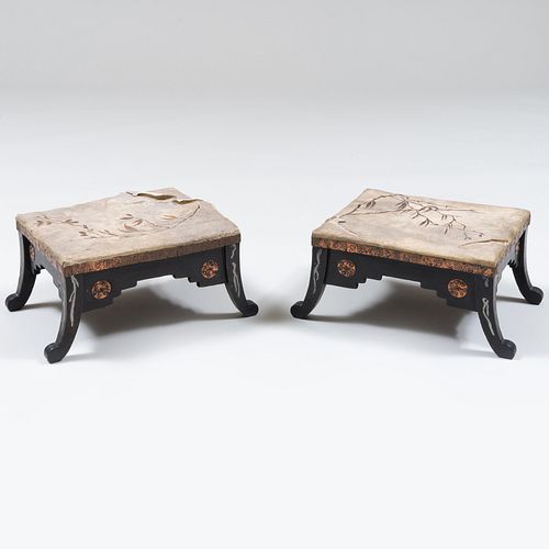 Pair of Carlo Bugatti Inlaid Pewter, Applied Copper, Ebonized Wood and Painted Parchment Upholstered Foot Stools