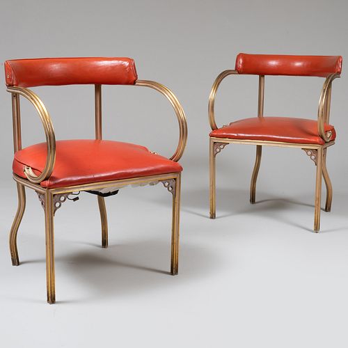 Pair of John Van Koert for Troy Sunshade Company Patinated Extruded Aluminum and Vinyl Upholstered 'Cymbal' Armchairs