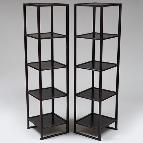 Pair of Contemporary Asian Inspired Black Painted Five-Tier Étagères