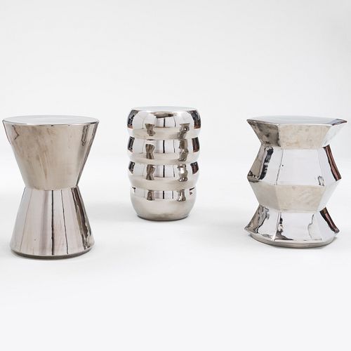 Group of Three Contemporary Silver Glazed Ceramic Garden Seats