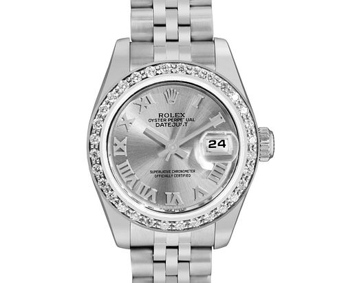 Rolex Womens Quickset Sapphire Gray Roman White Gold Diamond Bezel Datejust