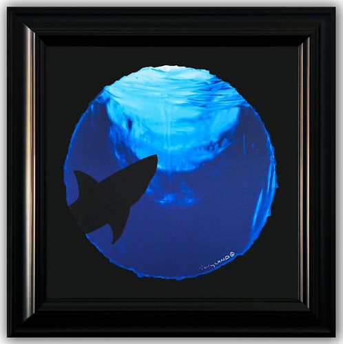 Wyland- Original Watercolor Painting on Deckle Edge Paper "Shark In Deep Blue Sea"