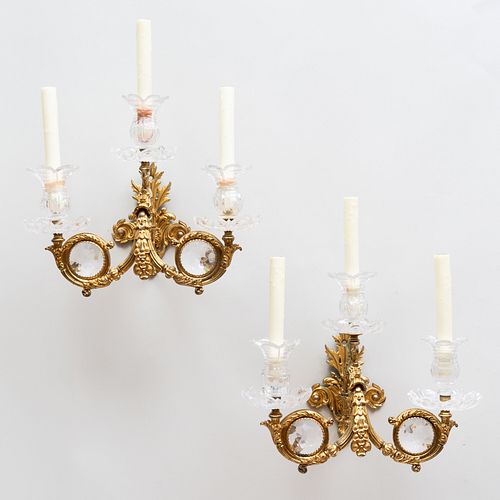 Pair of Victorian Cut Glass and Gilt-Metal Three-Light Sconces 