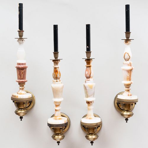 Set of Four Brass-Mounted Onyx Wall Lights 