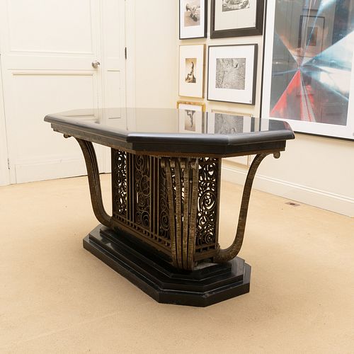 Art Deco Steel and Slate Console Table, in the Manner of Edgar Brandt